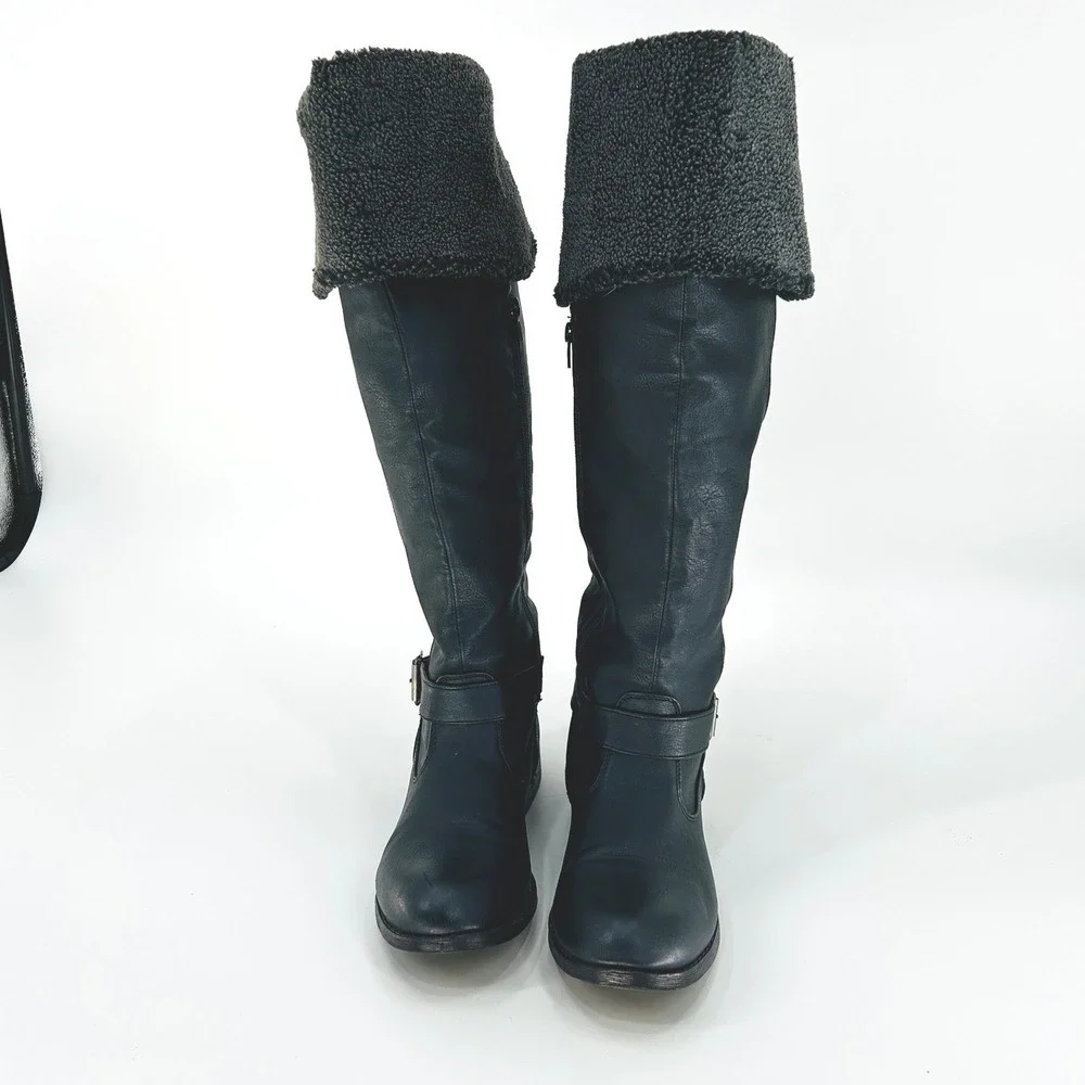Women's Black Knee-High Winter Boots Shearling Cuff Flat Moto Utility‎ Size 9